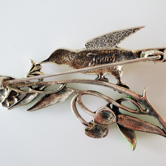 Handmade Silver plated Russian brooch - bird flowers - enamel pin - Picture 3 of 4